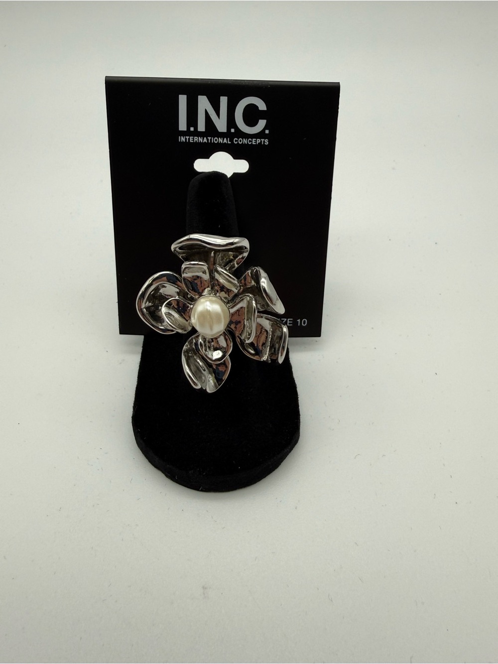 INC International Concepts Silver Floral Ring with Pearl Accent